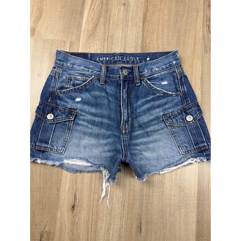 American Eagle Super Hi-Rise Festival Cargo Denim Shorts Blue Distressed Size 0
